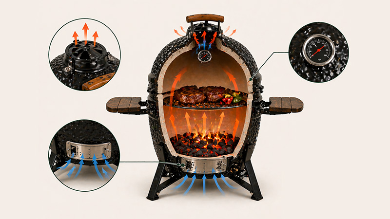 Kamado kepsninės oro reguliavimo sistema