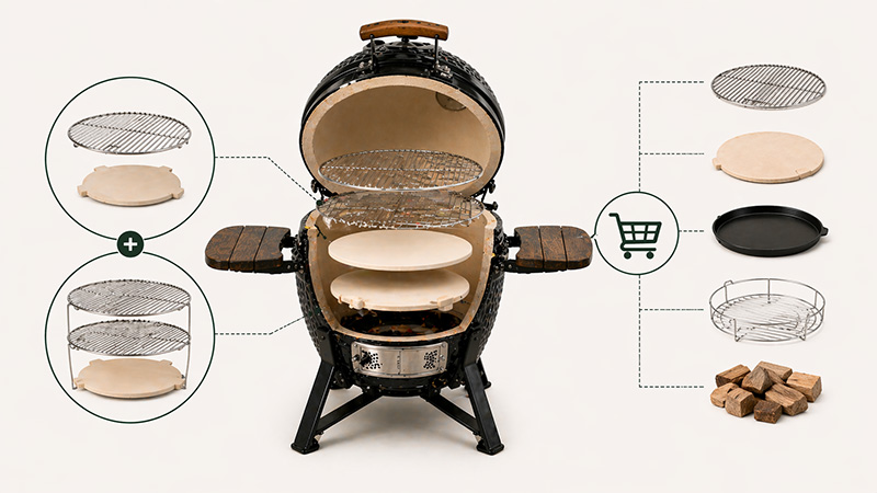 Kamado kepsninės komplektacija ir papildomi priedai