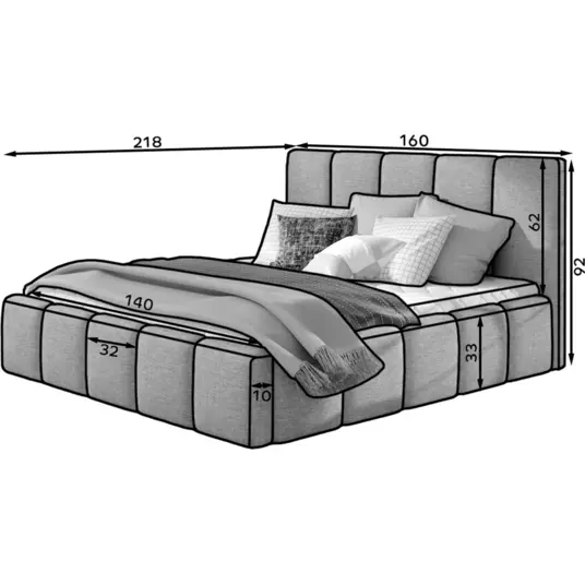Lova Edvige Berlin 01 su patalynės dėže, su grotelėmis ir su standartiniu pakėlimo mechanizmu 140x200, pilka spalva