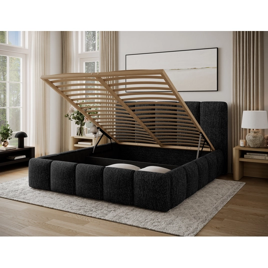 Lova Edvige Berlin 02 su patalynės dėže, su grotelėmis ir su standartiniu pakėlimo mechanizmu 180x200, juoda spalva