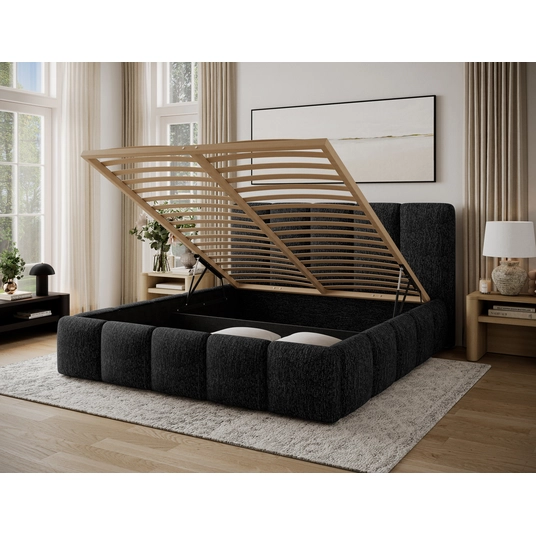 Lova Edvige Berlin 02 su patalynės dėže, su grotelėmis ir su pakėlimo mechanizmu 140x200, juoda spalva