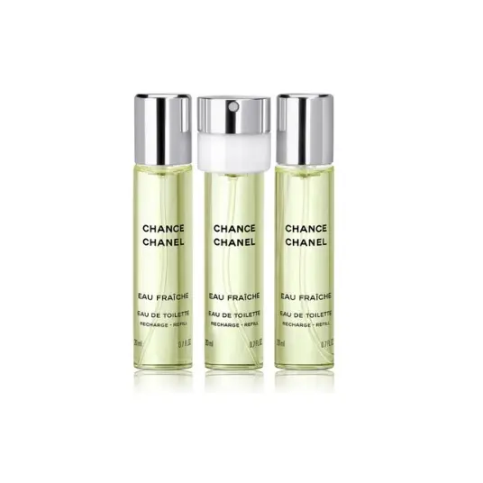 "Chanel Chance Eau Fraiche Eau de Toilette", 3 x 20 ml täitepakendites.