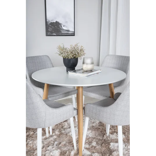 Plaza Runt Matbord - Ek-Look / Vit - ø100*H75 +Plaza Valgomojo kėdė - Baltos kojos - Šviesiai pilkas audinys