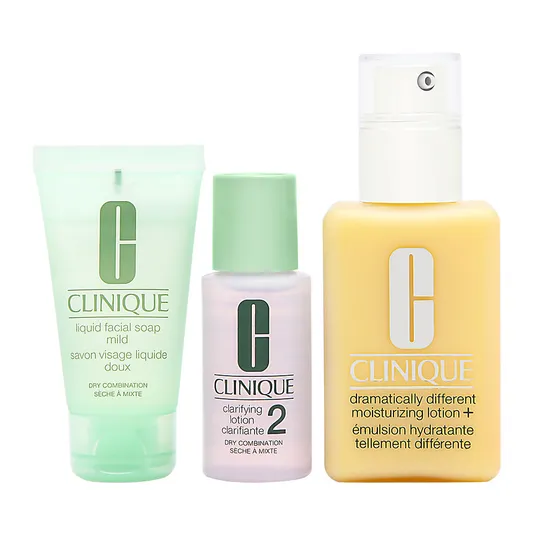 Suurepärane nahk Alusta siit 3-astmeline komplekt Clinique: Dramatically Different Lotion+, lõhnavaba, niisutav, päevane ja öine, kreem, näole, 125 ml + Clinique, puhastav, vedel seep, näole, 30 ml + Clarifying 2, puhastav kreem, näole, 30 ml.