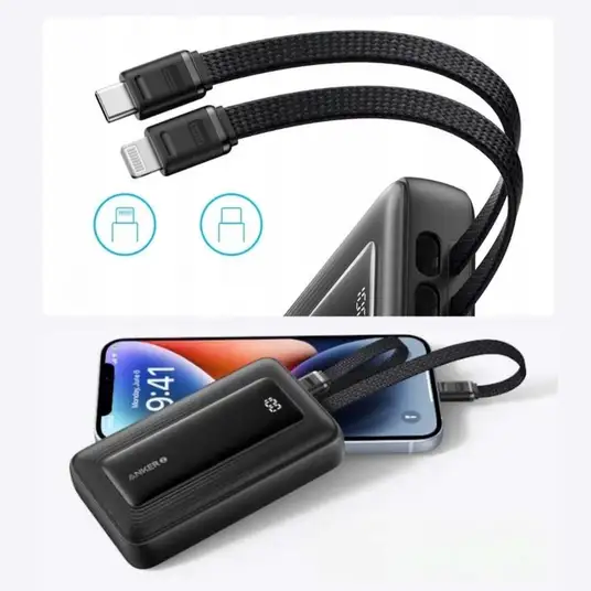 Ulkoinen akku Anker Power Bank (10000 mAh, 30W, Built-In USB-C+Lightning Cable) Black