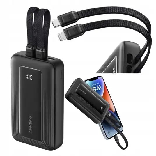 Ulkoinen akku Anker Power Bank (10000 mAh, 30W, Built-In USB-C+Lightning Cable) Black