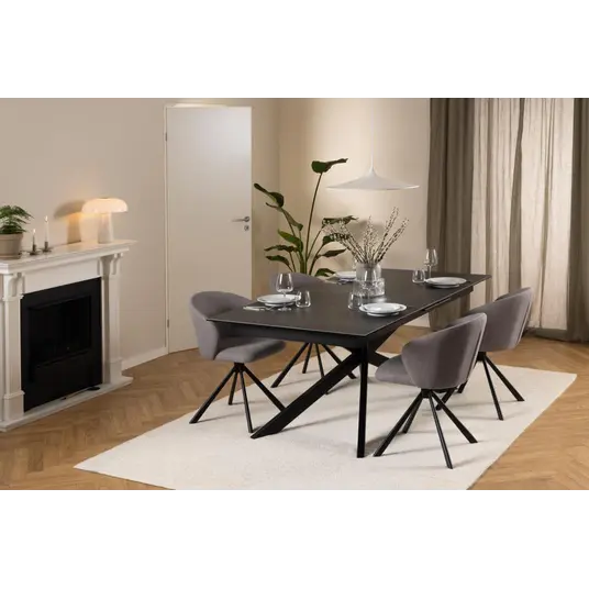 Irwine dining table, Top ceramic black Fairba., Base steel matt black, 200/240x100x76 cm