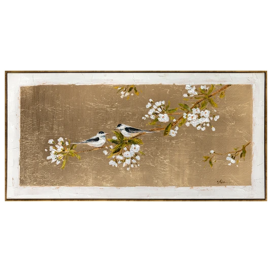 Painting with frame 60x120cm, bird on gold