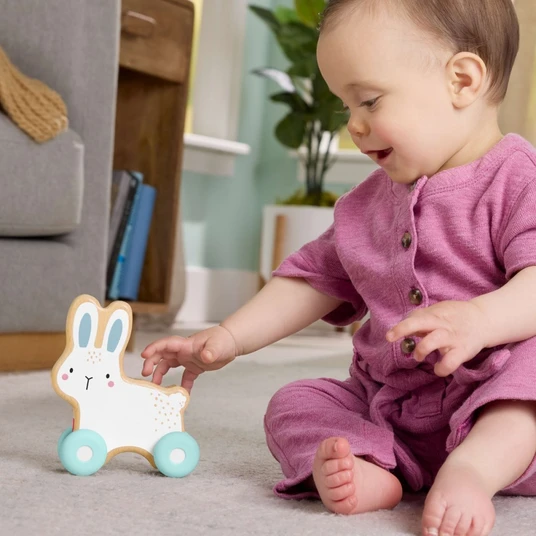 Wooden bunny on wheels