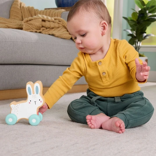 Wooden bunny on wheels