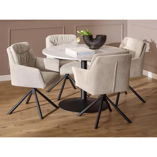 Tarifa dining table set, Top marble white Guangxi, Base steel matt black, Ø110x75 cm