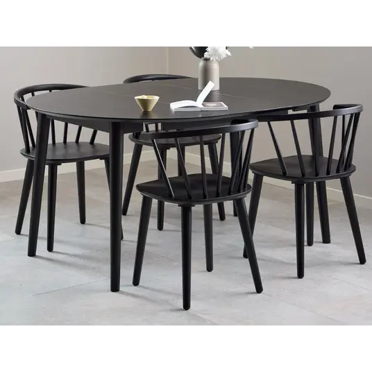 Montreux dining table set, Top oak veneer matt black, Base rubberw matt black, Ø115/154x75 cm