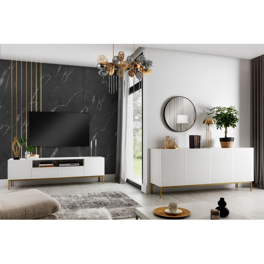 TV komplekt Nicole 200 Cm avatud riiuliga - valge matt / kuldsed jalad