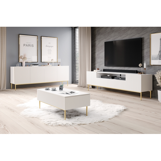 TV komplekt Nicole 200 Cm avatud riiuliga - valge matt / kuldsed jalad