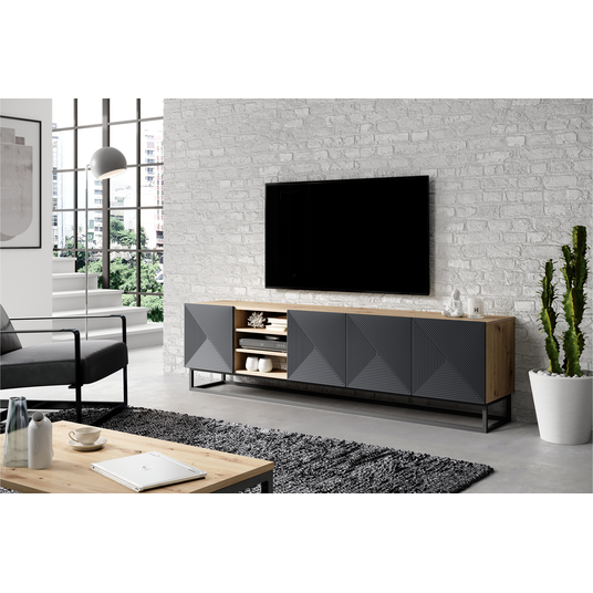 Tv Set Asha 200 Cm With Open Shelf With Metal Legs - Artisan / Rivier Stone Mat
