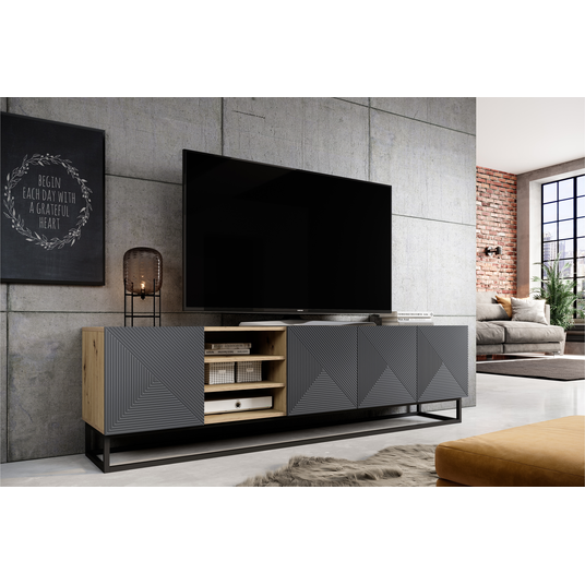 Tv Set Asha 200 Cm With Open Shelf With Metal Legs - Artisan / Rivier Stone Mat