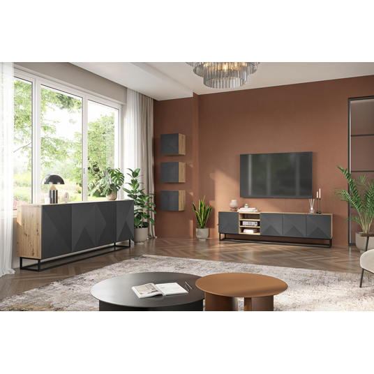 Tv Set Asha 200 Cm With Open Shelf With Metal Legs - Artisan / Rivier Stone Mat