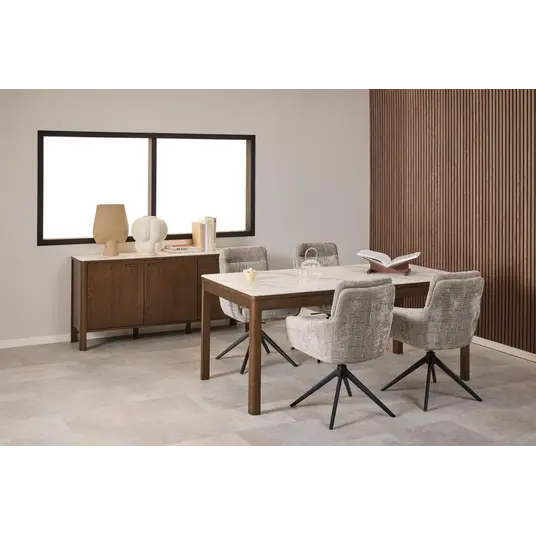 Southampton dining table, Top ceramic cream Talvera, Base oak veneer smoke, 180x90x75 cm