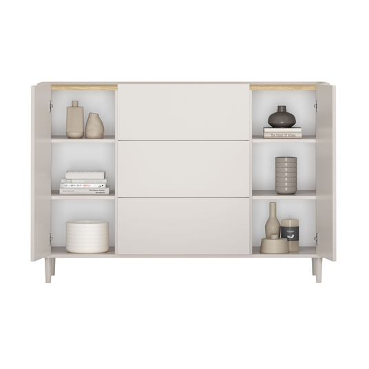 Chest Of 2 Door Elivo With Drawers - Cashmere / Oiled Oak / Cashmere Legs