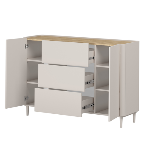 Chest Of 2 Door Elivo With Drawers - Cashmere / Oiled Oak / Cashmere Legs