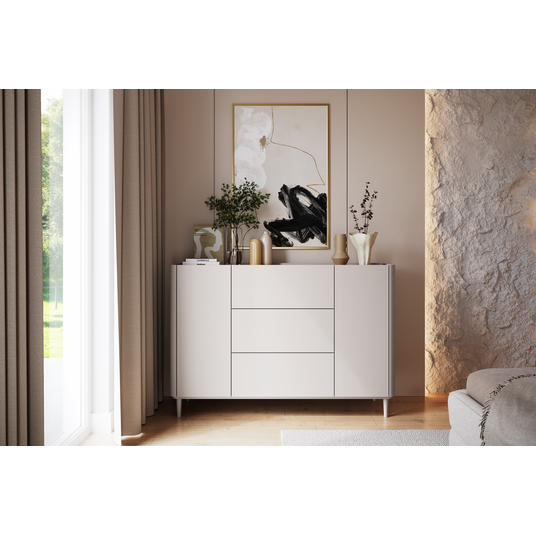 Chest Of 2 Door Elivo With Drawers - Cashmere / Oiled Oak / Cashmere Legs