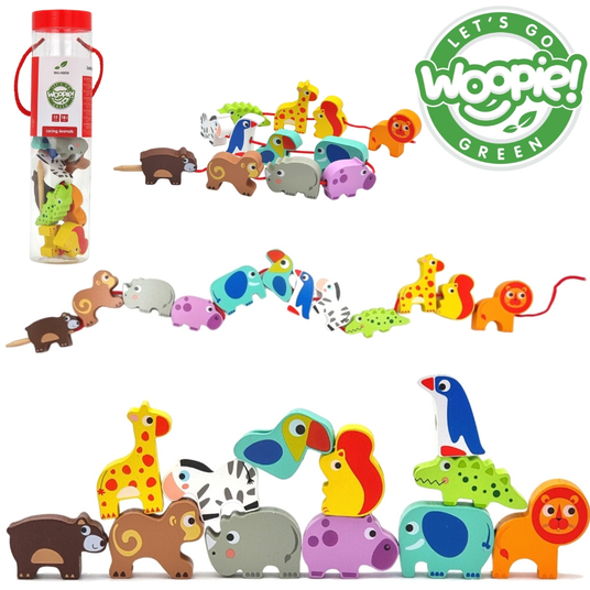 WOOPIE GREEN Puidust kruvikeeraja plokid Loomad Safari loomaaed 13 el.