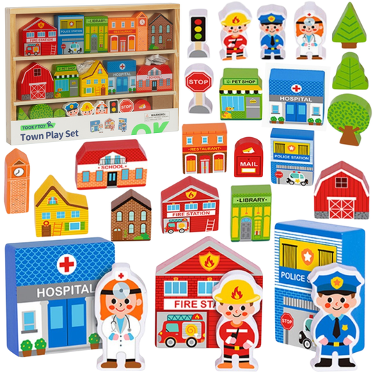 TOOKY TOY puidust hoonete ja figuuride komplekt City