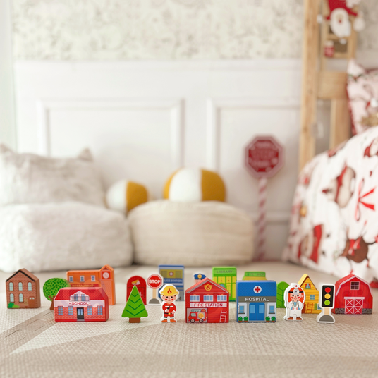 TOOKY TOY puidust hoonete ja figuuride komplekt City