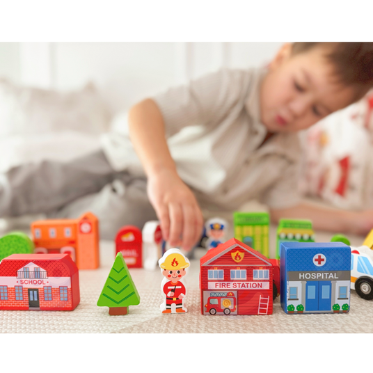 TOOKY TOY puidust hoonete ja figuuride komplekt City
