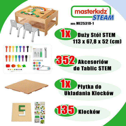 MASTERKIDZ puidust õppetöölaud + STEM WALL ACCESSORIES + 135 telliskivi