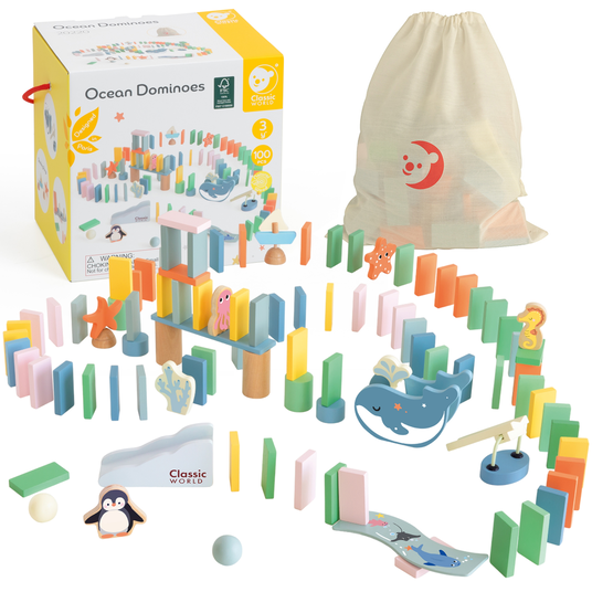 CLASSIC WORLD Puidust doomino loogikarada Takistusmõistatus Montessori 100 el.