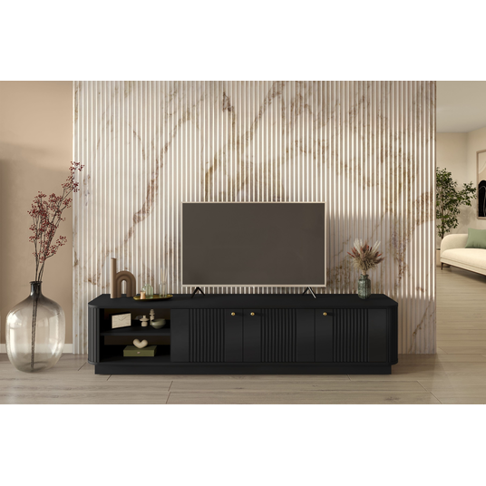 TV komplekt Vesper 187 cm avatud riiulitega - must / kuldsed käepidemed