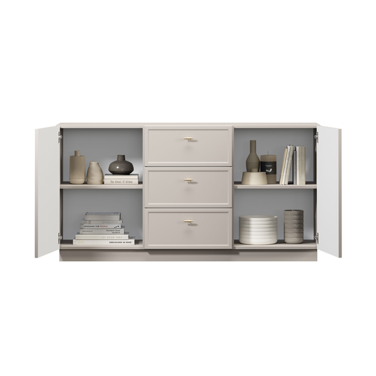 Chest Of Doors Lorini 150 Cm With 3 Drawers - Cashmere / Gold Handles T-bar