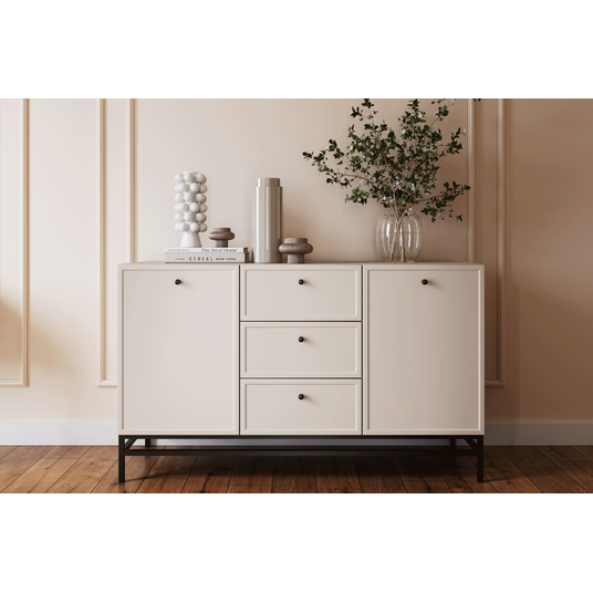 Chest Of Doors Lorini 150 Cm With 3 Drawers - Cashmere / Black Handles / Black Legs