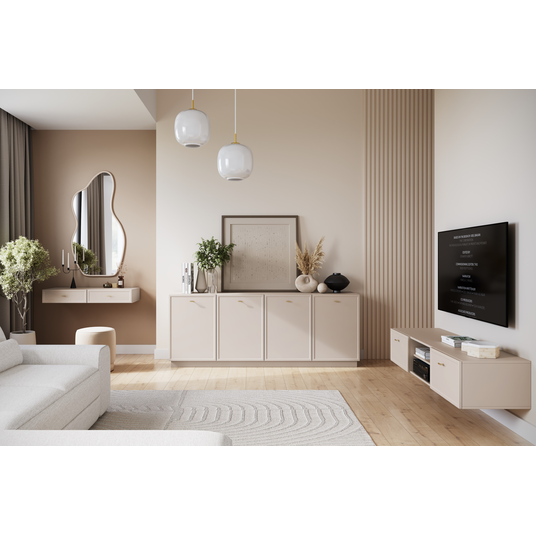 Tv Set Wall Mounted Lorini 150 Cm With Drawers - Cashmere / Gold Handles T-bar