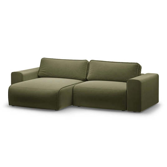 Velvet Left Corner Sofa With Bed Function And Box, "Victor", 3 Seats, 246x148x83, Moss Green Melange