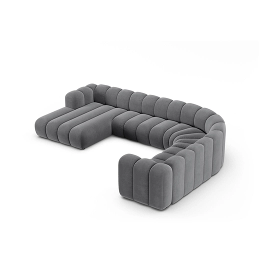 Velvet Modular Panoramic Right Corner Sofa, "Lupine", 6 Seats, 370x280x70, Grey