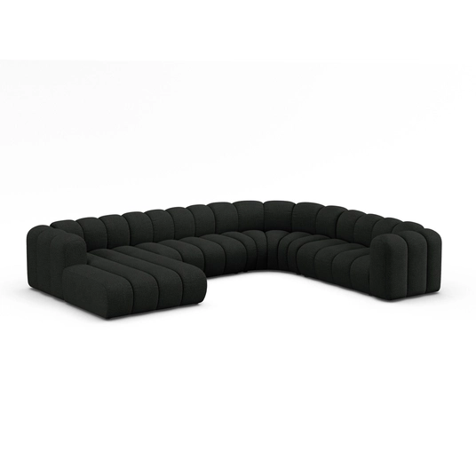 Boucle Modular Panoramic Right Corner Sofa, "Lupine", 6 Seats, 370x280x70, Black