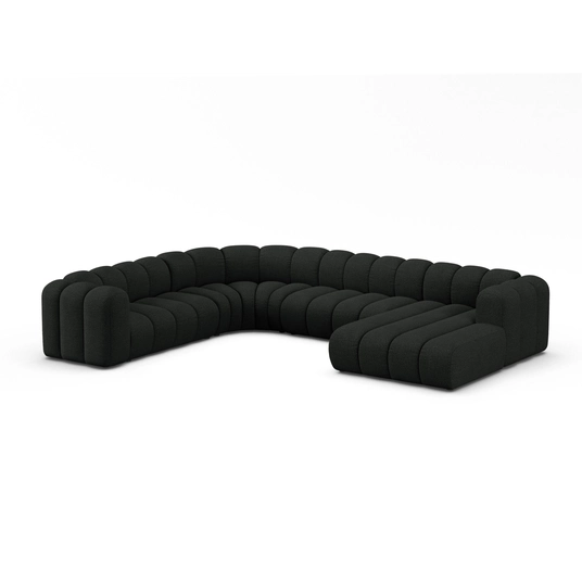 Boucle Modular Panoramic Left Corner Sofa, "Lupine", 6 Seats, 370x280x70, Black