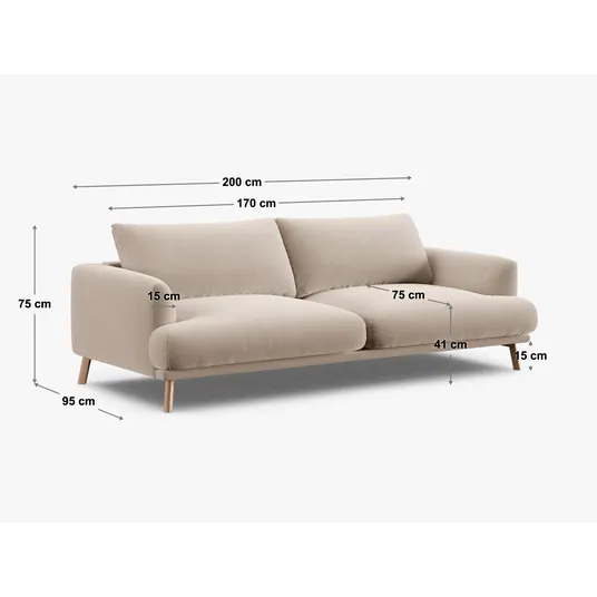 Velvet Sofa, "Naomi", 3 Seats, 200x95x75, Beige