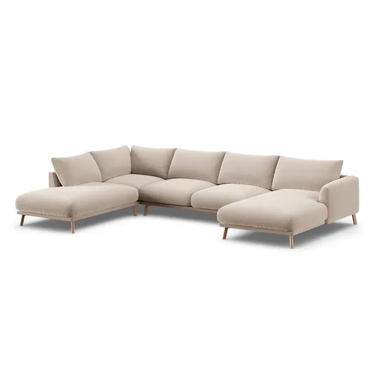 Velvet Panoramic Left Corner Sofa, "Naomi", 6 Seats, 365x235x75, Beige