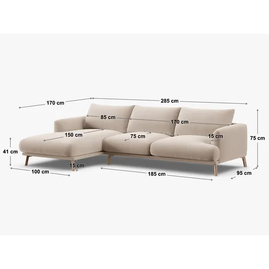 Velvet Right Corner Sofa, "Naomi", 4 Seats, 285x170x75, Beige