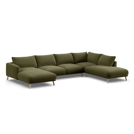 Velvet Panoramic Right Corner Sofa, "Naomi", 6 Seats, 365x235x75, Green