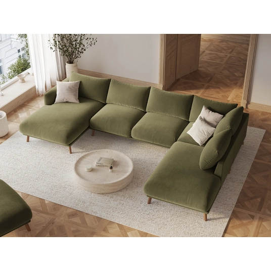 Velvet Panoramic Right Corner Sofa, "Naomi", 6 Seats, 365x235x75, Green