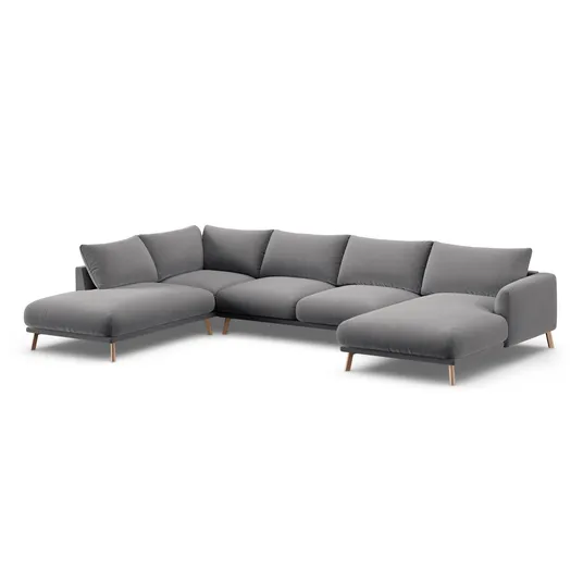 Velvet Panoramic Left Corner Sofa, "Naomi", 6 Seats, 365x235x75, Grey