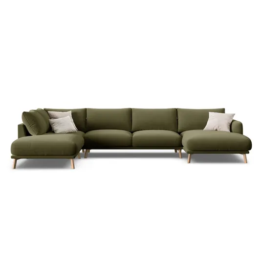 Velvet Panoramic Left Corner Sofa, "Naomi", 6 Seats, 365x235x75, Green