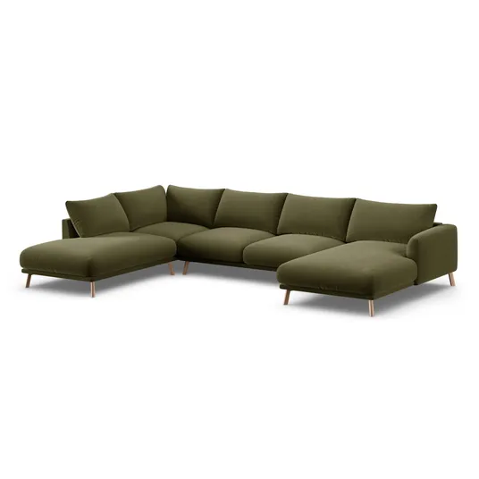 Velvet Panoramic Left Corner Sofa, "Naomi", 6 Seats, 365x235x75, Green