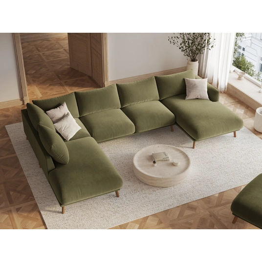 Velvet Panoramic Left Corner Sofa, "Naomi", 6 Seats, 365x235x75, Green