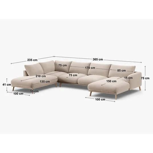 Velvet Panoramic Left Corner Sofa, "Naomi", 6 Seats, 365x235x75, Green