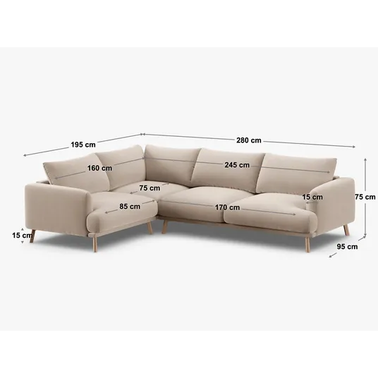 Velvet Left Corner Sofa, "Naomi", 4 Seats, 280x195x75, Grey